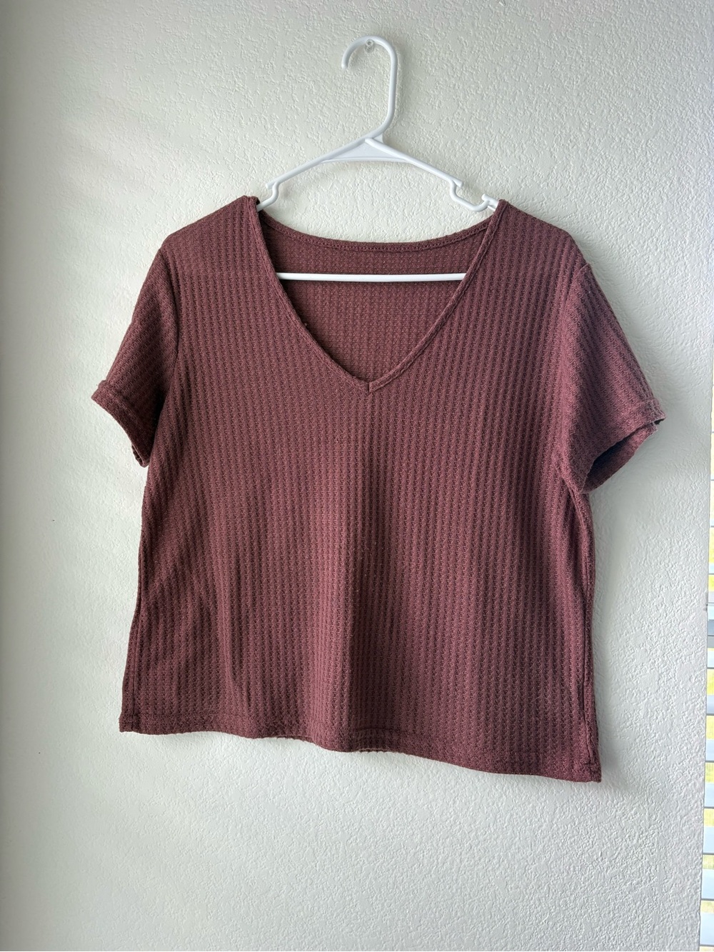 SHEIN Waffle V-Neck Short Sleeve Top - Mauve Rose
